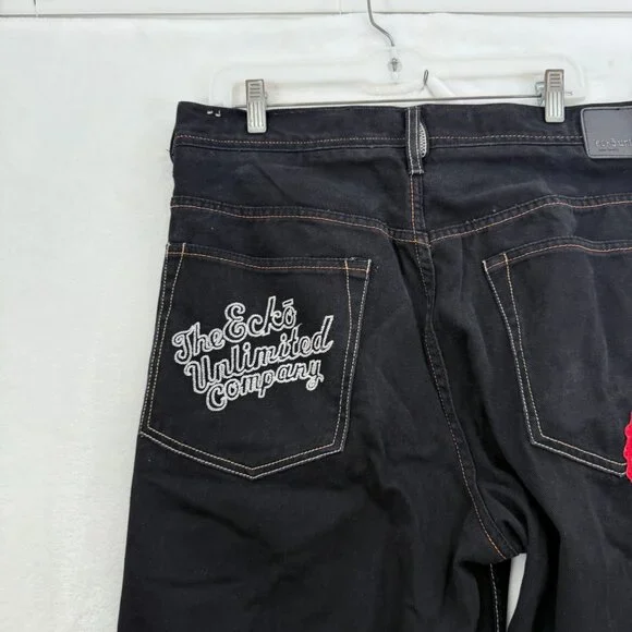 Ecko Unltd Jeans Mens 38x31 Black Baggy Hip Hop Y2K Skater Embroidered